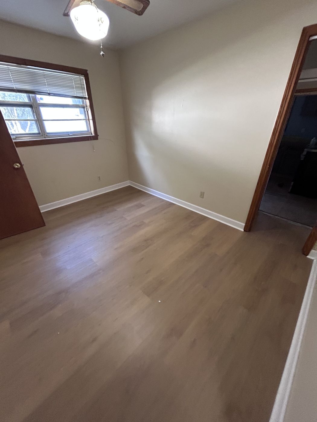Empty room with medium-brown plank-style flooring and a ceiling light