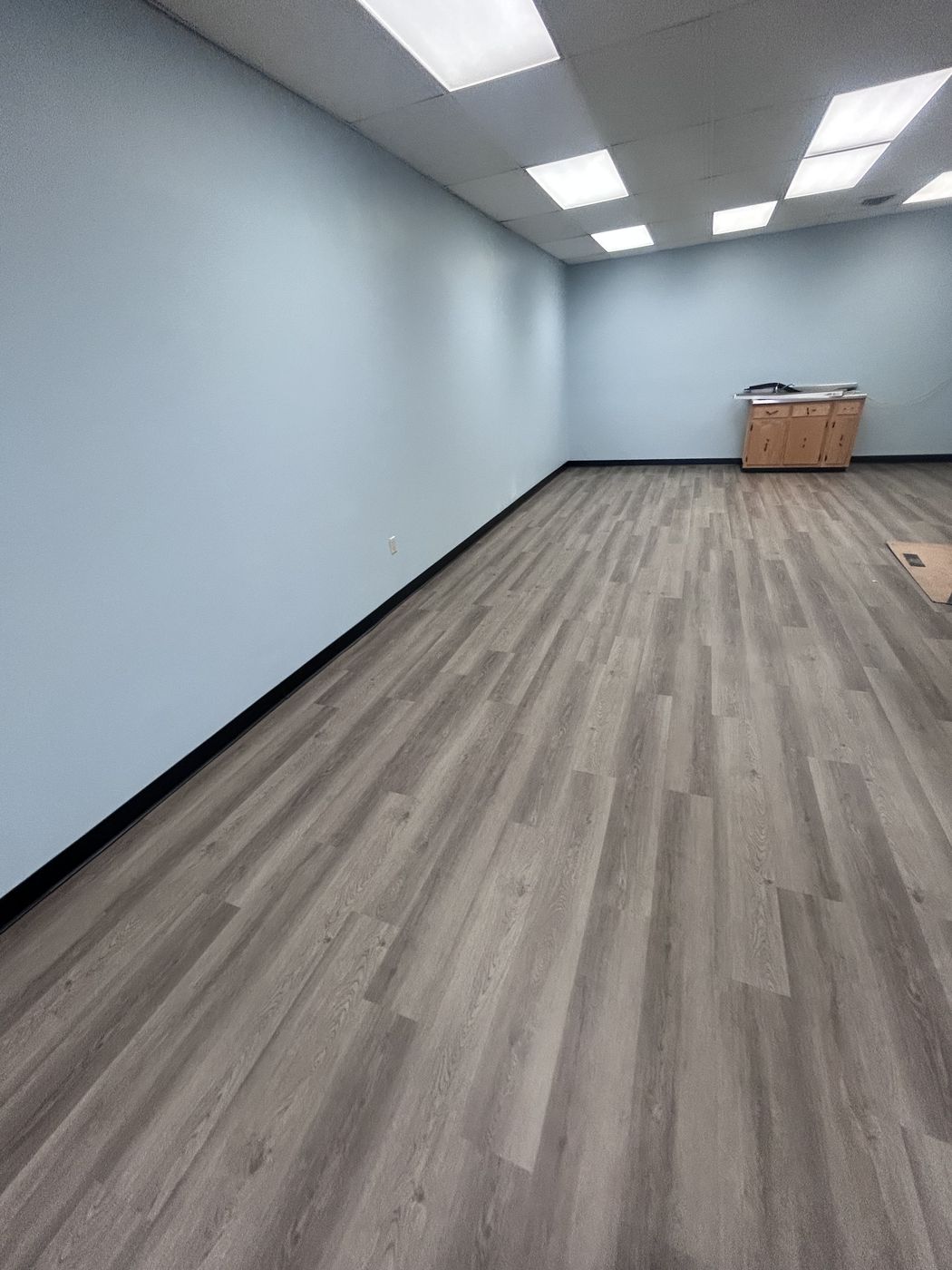 Long open room with gray plank-style flooring and ceiling lights